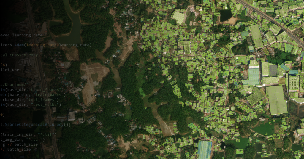 Satellite image of rural area with computer generated rectangles over buildings