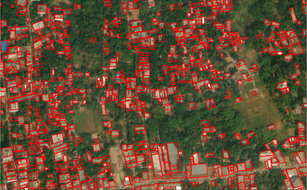 Zoomed out Satellite image of rural town with computer generated rectangles over houses